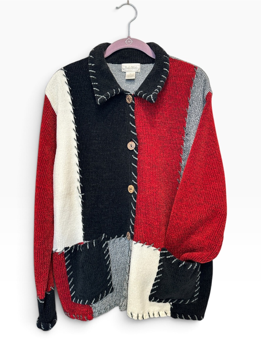 Vintage 90s Red, Black & Cream Patchwork Button Knit Cardigan Oversized & Cozy